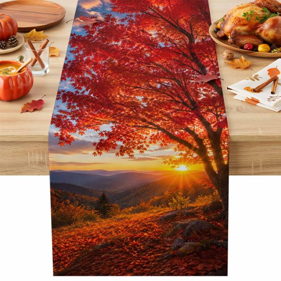 Fall Maple Tree Table Runner, Country Red Maple Leaf Mountain Sunset Landscape Cotton Linen Kitchen Table Decoration Washable Dining Tabletop Runners for Home Party Decor 18x72 Inches