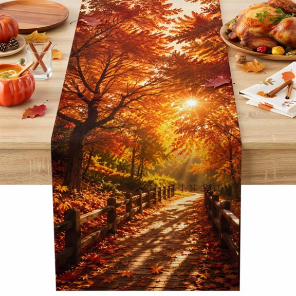 Fall Maple Tree Table Runner, Country Red Maple Leaf Sunset Sunshine Landscape Cotton Linen Kitchen Table Decoration Washable Dining Tabletop Runners for Home Party Decor 13x36 Inches