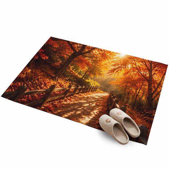 Fall Maple Tree Washable Area Rug 2 x 3 ft Country Red Maple Leaf Sunset Sunshine Landscape Soft Non‑Slip Rugs Stain Repellent Indoor Mats for Front Door, Narrow Hallway, Kitchen Doorway, Bedside
