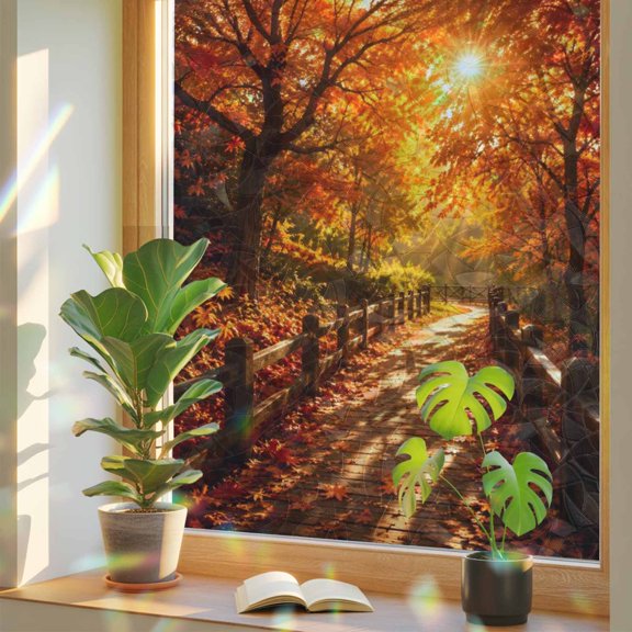 Fall Maple Tree Window Privacy Film, Country Red Maple Leaf Sunset Sunshine Landscape Stained Glass Holographic Film Decorative Window Clings, Static Cling Sun Blocking Stickers 23.6" x 59"
