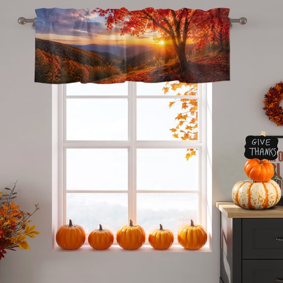 Fall Maple Tree Window Valance for Kitchen, Country Red Maple Leaf Mountain Sunset Landscape Rod Pocket Short Curtains for Bathroom Bedroom Window, Light Filtering Decorative Valances 42x18 Inch