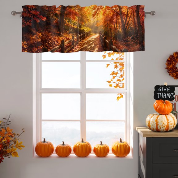 Fall Maple Tree Window Valance for Kitchen, Country Red Maple Leaf Sunset Sunshine Landscape Rod Pocket Short Curtains for Bathroom Bedroom Window, Light Filtering Decorative Valances 42x18 Inch