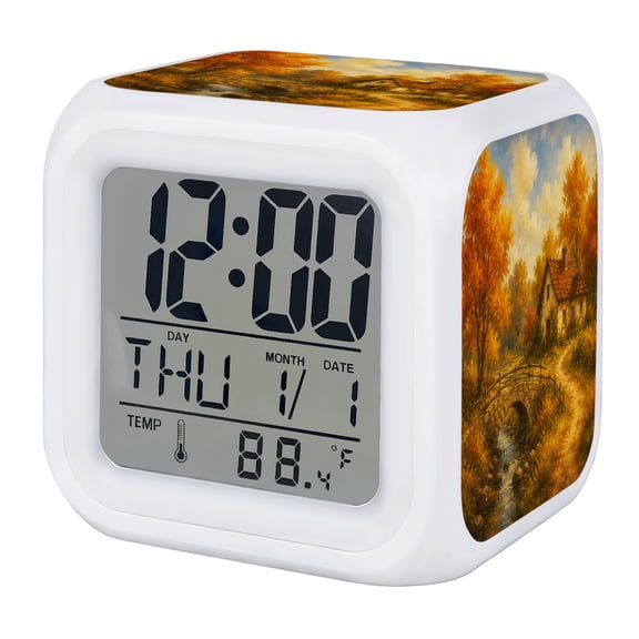 Fall Maple Trees Digital Alarm Clock for Bedrooms, Smart LED Alarm Clock with 7 Color Changing Night Light, Retro Farmhouse Retro House Sky Silent Wake Up Clocks for Sleep Study Cooking 3.2"x3.2"