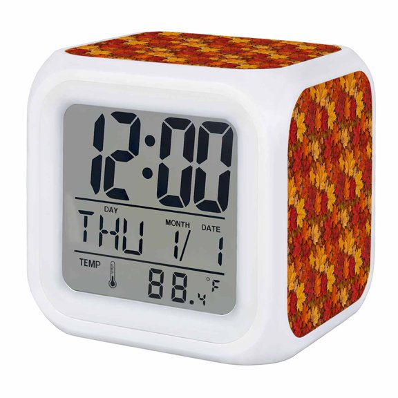 Fall Maples Digital Alarm Clock for Bedrooms, Smart LED Alarm Clock with 7 Color Changing Night Light, Thanksgiving Orange Red Harvest Leaves Silent Wake Up Clocks for Sleep Study Cooking 3.2"x3.2"