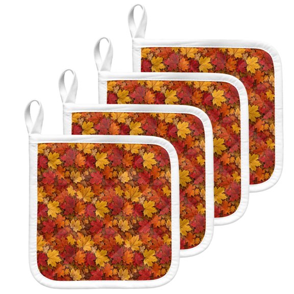 Fall Maples Pot Holders for Kitchen Heatproof Potholder, 4 Pack Thanksgiving Orange Red Harvest Leaves Hot Pads Multipurpose Oven Pads Terry Cloth Potholders Trivet for Cooking and Baking