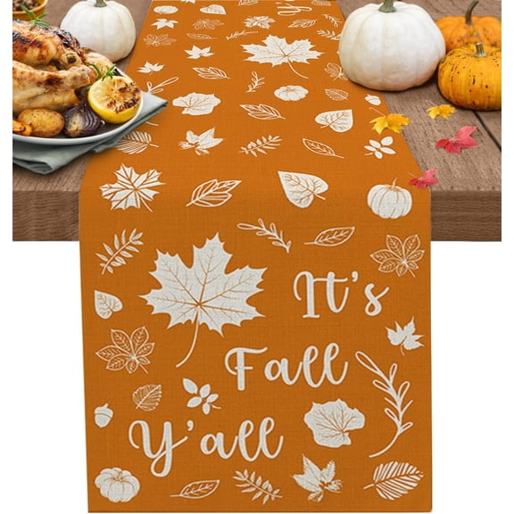 Fall Maples Thanksgiving Table Runner-Cotton Linen 36 Inch Holiday Dresser Scarves, Orange Maple Leaves It''s Fall Y''all Tablerunner for Kitchen Coffee/Dining Home Living Room Dinner Scarf Décor