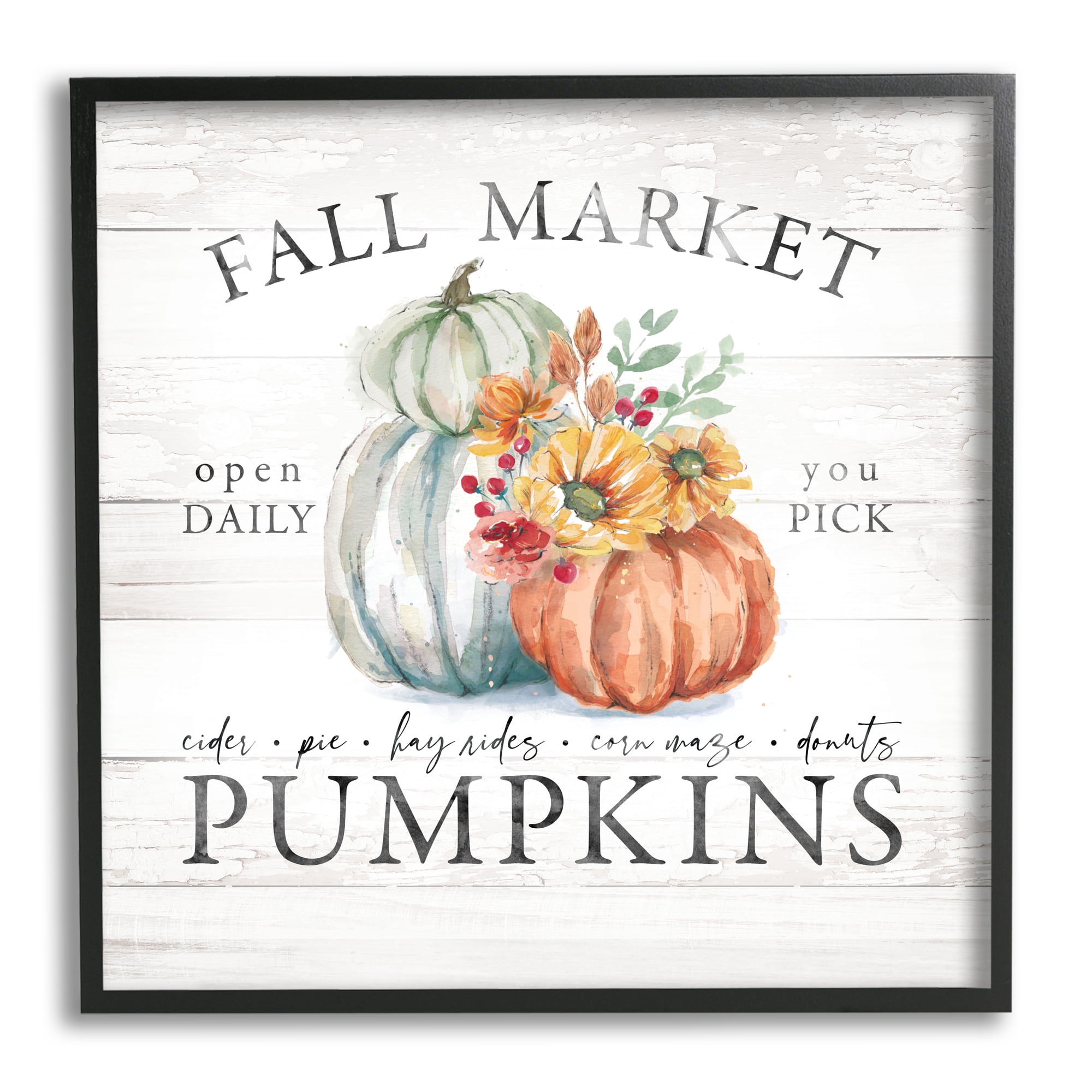 Fall Market Pumpkins Rustic Country Sign Autumn Florals Botanical & Floral Graphic Art Framed Art Print Wall Art