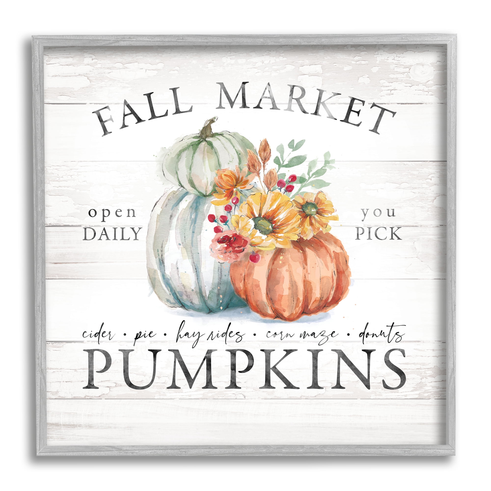 Fall Market Pumpkins Rustic Country Sign Autumn Florals Botanical & Floral Graphic Art Framed Art Print Wall Art