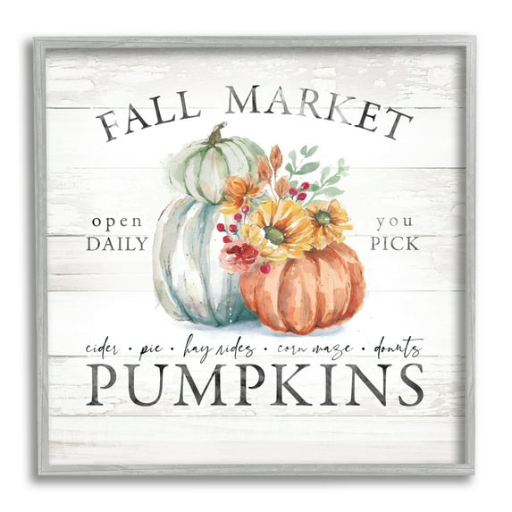 Fall Market Pumpkins Rustic Country Sign Autumn Florals Botanical & Floral Graphic Art Framed Art Print Wall Art