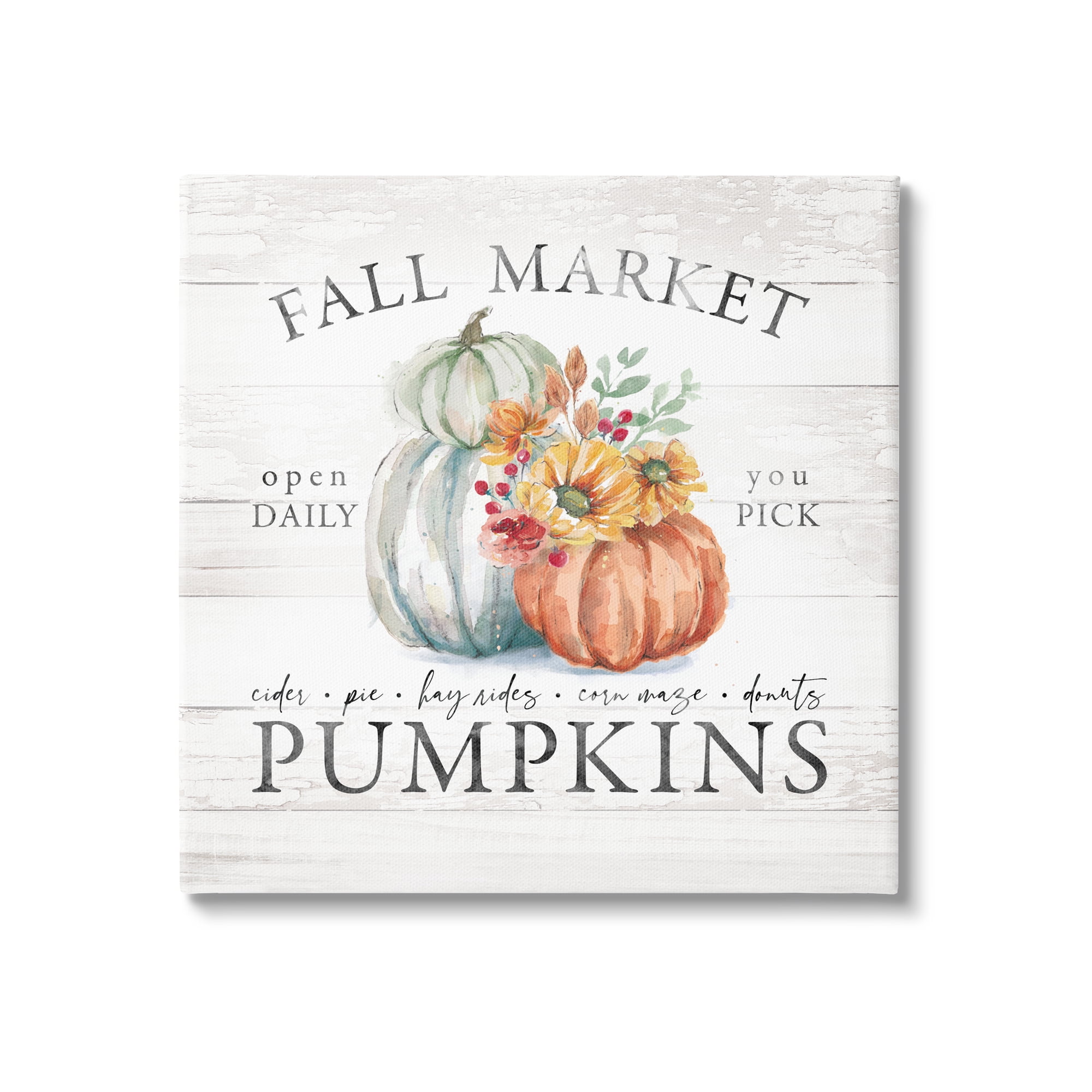 Fall Market Pumpkins Rustic Country Sign Autumn Florals Botanical & Floral Graphic Art Gallery-Wrapped Canvas Print Wall Art