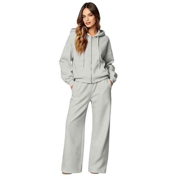Fall Matching Sets for Women Lightweight Wide Leg Sweatpants Matching Long Sleeve Zip Up Hoodies Athletic Work Teacher Outfits with Pockets Light Gray M