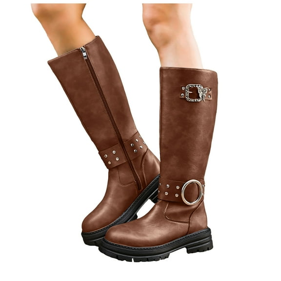 Fall Mid Calf Combat Boots for Women 2025 Buckles Studded Leather Platform Chunky Cowboy Riding Tall Boots