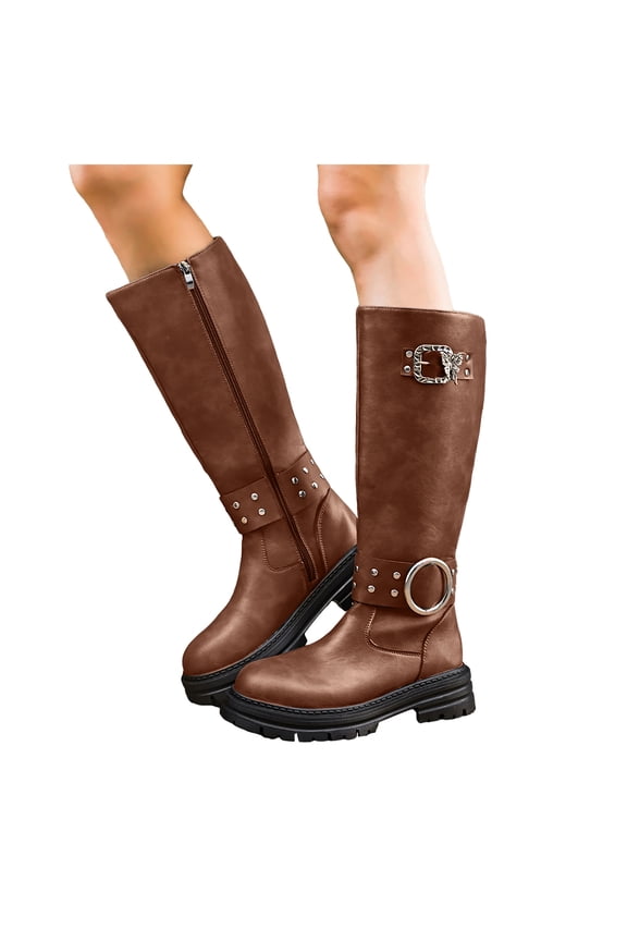Fall Mid Calf Combat Boots for Women 2025 Buckles Studded Leather Platform Chunky Cowboy Riding Tall Boots
