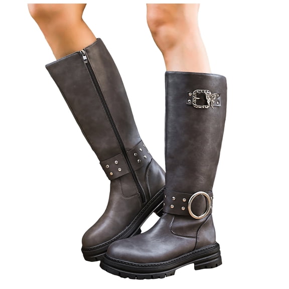 Fall Mid Calf Combat Boots for Women 2025 Buckles Studded Leather Platform Chunky Cowboy Riding Tall Boots