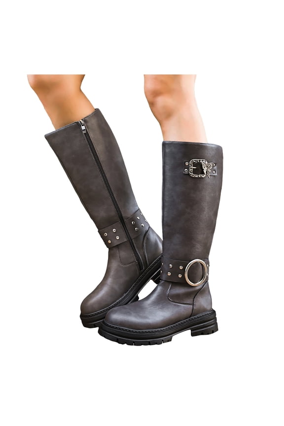 Fall Mid Calf Combat Boots for Women 2025 Buckles Studded Leather Platform Chunky Cowboy Riding Tall Boots