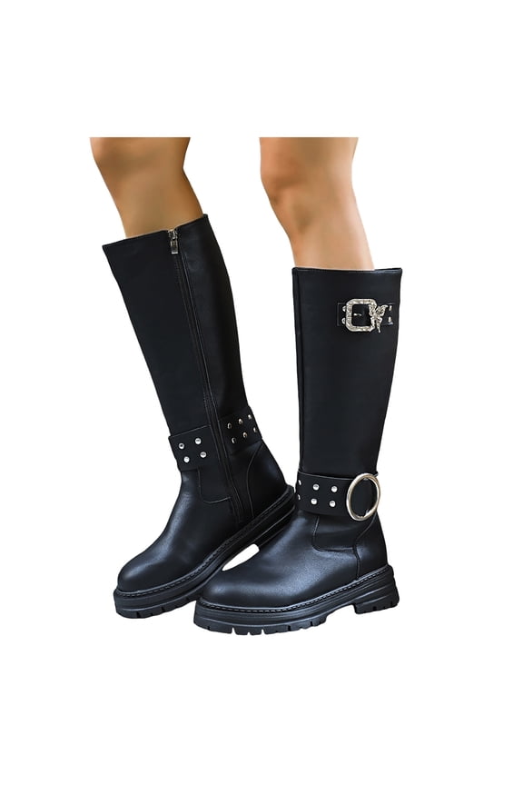 Fall Mid Calf Combat Boots for Women 2025 Buckles Studded Leather Platform Chunky Cowboy Riding Tall Boots
