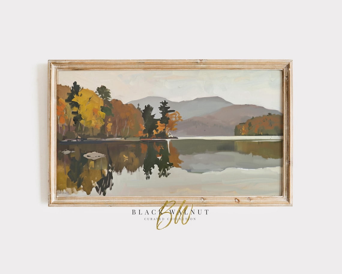 Fall Mid Century Modern Autumn Colors Wall Art, Lake Landscape, Minimal ...