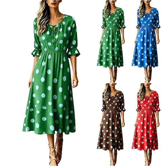 Fall Midi Dresses for Women Cute Ruffled 3/4 Length Sleeve Flowy A-Line Dress Trendy Boho Polka Dot High Waist Dress