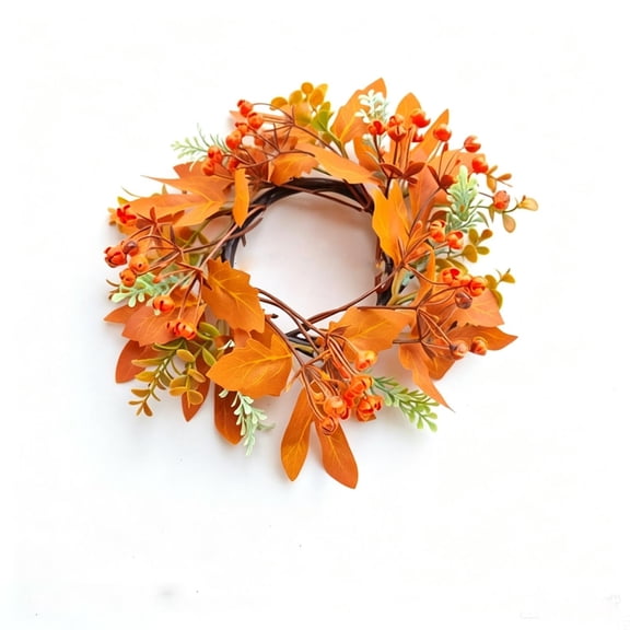 Fall Mini Artificial Candle Wreath Ring,Plastic Leaf Berry Rattan Base Lightweight for Candle Holder Napkin Ring Thanksgiving Halloween Table Mantel Windowsill Centerpiece Decor(7.9In)