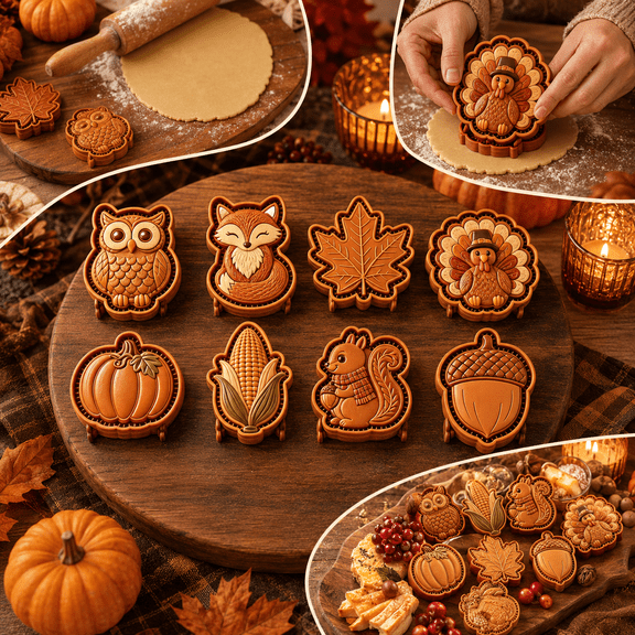 Fall Mini Pie Mold Collection, Autumn Hand Pie Press Set with Owl Fox Pumpkin Turkey and Leaf Designs, Reusable Pocket Pie Maker for Thanksgiving Baking Supplies and Seasonal Desserts