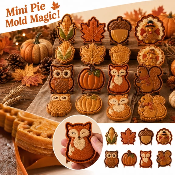 Fall Mini Pie Molds Set of 8 for Thanksgiving Baking, Reusable Embossed Pie Crust Cutters with Pumpkin Leaf Turkey Shapes, Autumn Pastry Decoration Tool (Plastic)