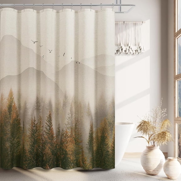 Fall Misty Forest Shower Curtain,Linen Fabric Nature Mountain Tree Theme Shower Curtain,Boho Rustic Shower Curtain Set with Hooks, Country Fall Shower Curtains for Bathroom Decor 72 x 72