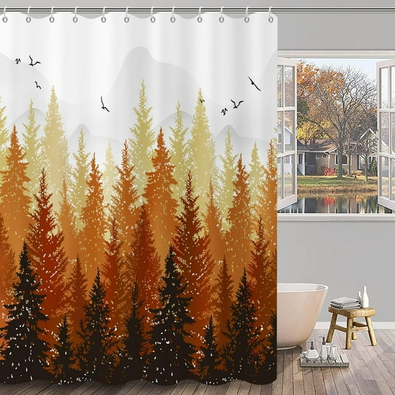 Fall Misty Forest Shower Curtain, Orange Pine Tree Foggy Forest Woodland Mountain Nature Bathroom Curtain Home Decor Waterproof Fabric Machine Washable with 12 PCS Hooks,72" Wx72 L