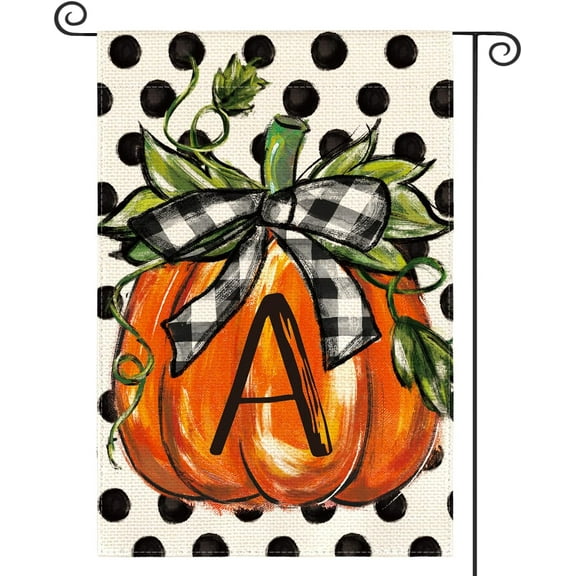 Fall Monogram Letter A Garden Flag Polka Dot Pumpkin 12x18 Inch Double Sided Outside, Small Burlap Family Last Name Initial Yard Decoration