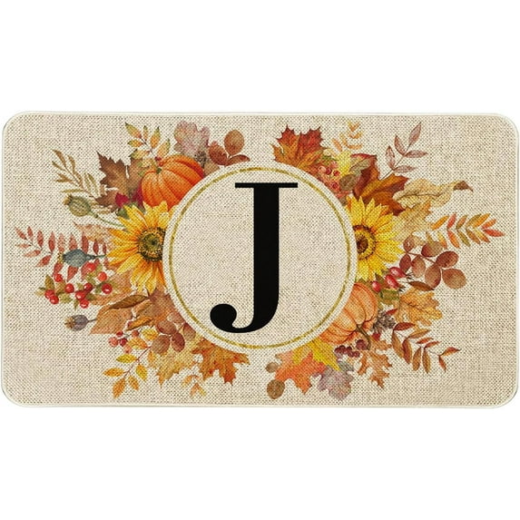 Fall Monogram Letter J Door Mat 30 X 17 Inch Family Last Name Initial Welcome Doormat Indoor Outdoor Entrance Floor Rug Non Slip Fall Autumn Thanksgiving Decor Rubber Mats