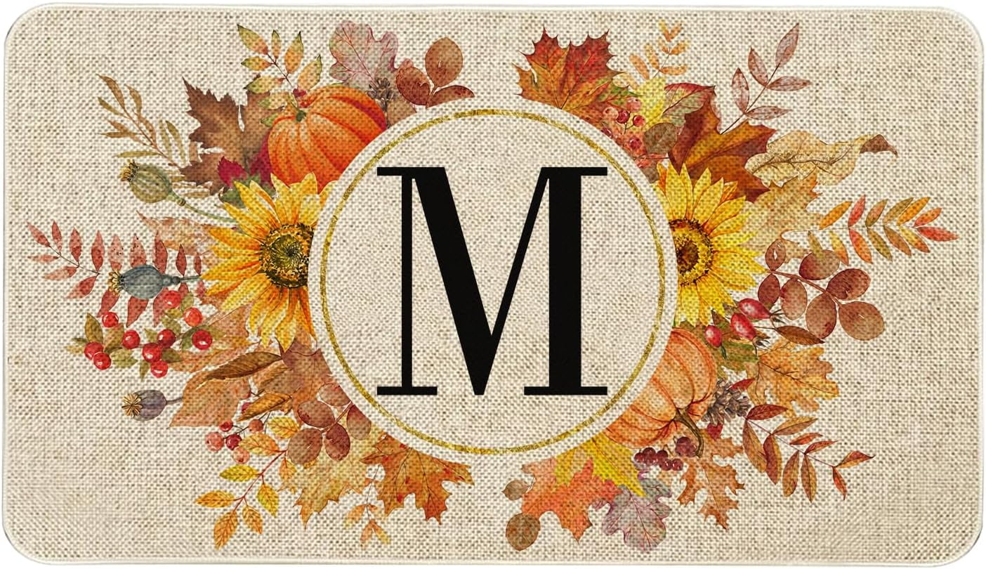 Fall Monogram Letter M Door Mat 30 X 17 Inch Family Last Name Initial Welcome Doormat Indoor Outdoor Entrance Floor Rug Non Slip Fall Autumn Thanksgiving Decor Rubber Mats