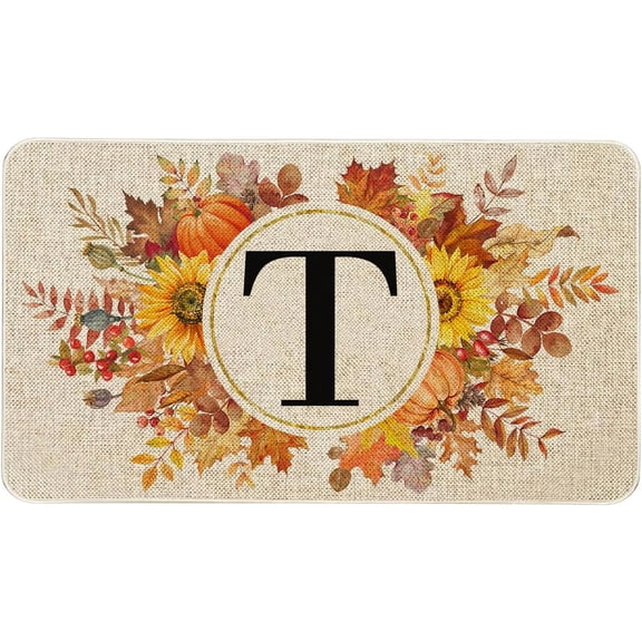 Fall Monogram Letter T Door Mat 30 X 17 Inch Family Last Name Initial Welcome Doormat Indoor Outdoor Entrance Floor Rug Non Slip Fall Autumn Thanksgiving Decor Rubber Mats