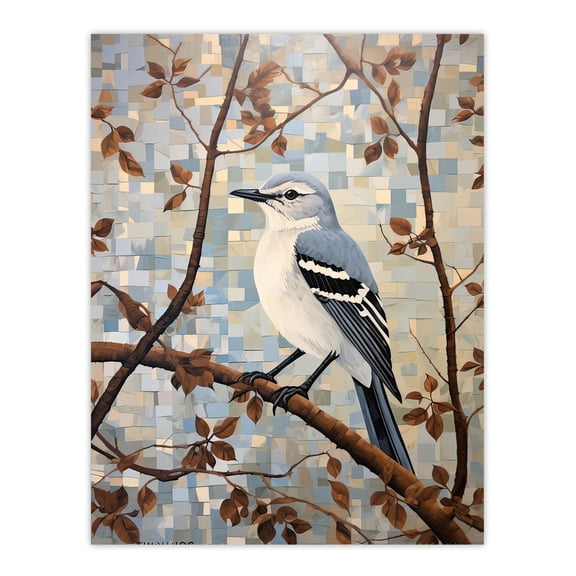 Fall Mosaic Mockingbird on Autumn Tree Branch Unframed Wall Art Print Poster Home Decor Premium