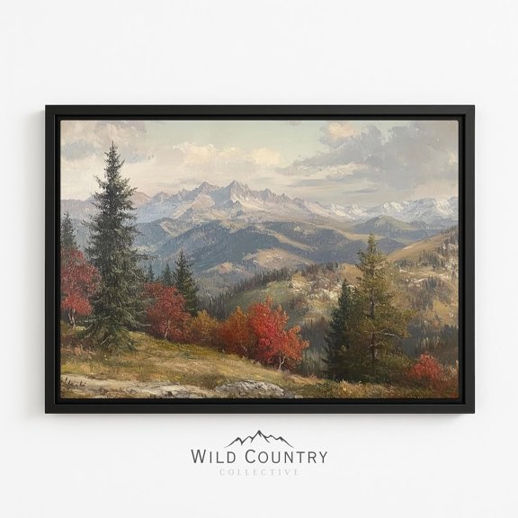 Fall Mountain Landscape Autumn Alpine Panorama Red Foliage Snow Peaks Poster