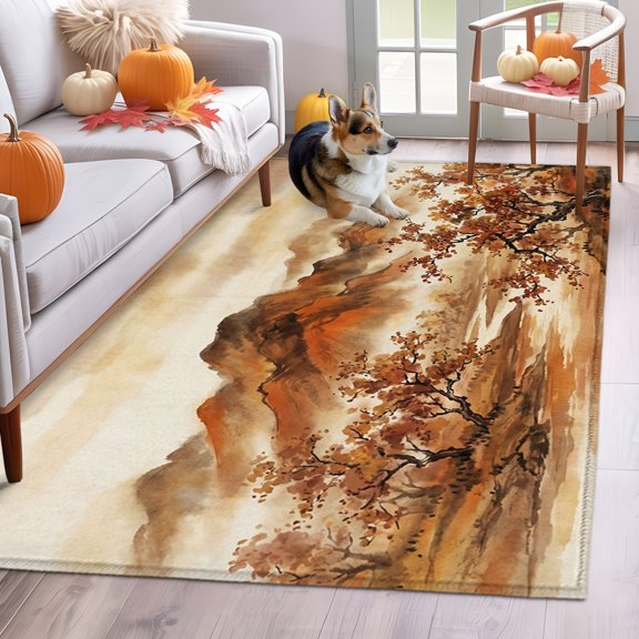 Fall Mountains Area Rug 3x5 FT, Non Slip Entryway Bedside Carpet, Burnt Orange Vintage Country River Valley Washable Soft Floor Carpet Indoor Mat Non-Shedding Throw Rug for Dorm Kitchen Home Office