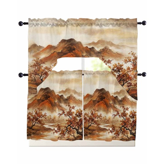Fall Mountains Kitchen Curtains Set for Windows 3 Piece Cafe Curtains 36 Inch Length Swag Curtains Valances and Tier Set Burnt Orange Vintage Country River Valley Drapes for Bedroom Living Room