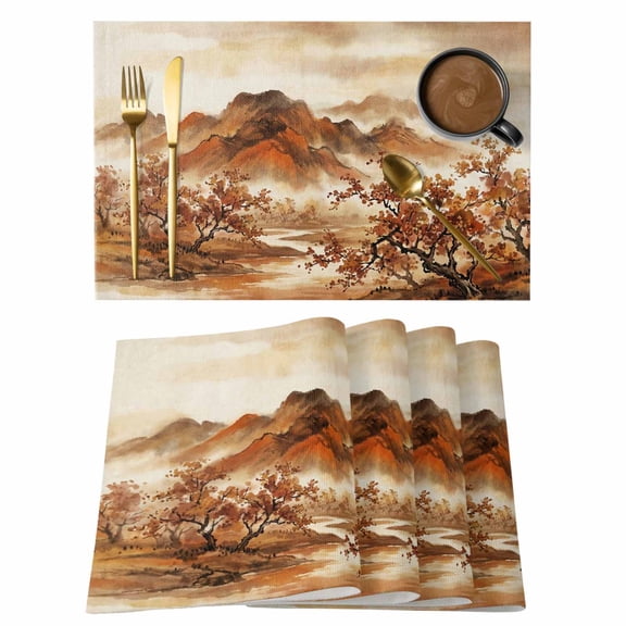 Fall Mountains Placemats Set of 2 Burnt Orange Vintage Country River Valley Place Mats Indoor Wipeable Table Mats Washable Cloth Dining Table Placemats for Kitchen Holiday Party Home Decor 13x19 Inch