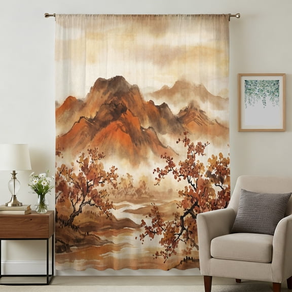 Fall Mountains Sheer Curtains 45 Inches Long, Burnt Orange Vintage Country River Valley Light Filering Curtains, Breathable Simi Curtain Privacy Drapes for Kitchen Bathroom Window Treatment