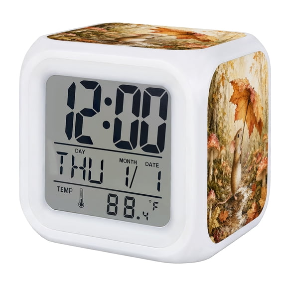 Fall Mouse Digital Alarm Clock for Bedrooms,Smart LED Alarm Clock with 7 Color Changing Night Light,Pastoral Forest Maple Leaves Mushroom Retro Silent Wake Up Clocks for Sleep Study Cooking 3.2"x3.2"
