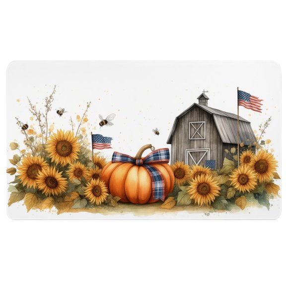 Fall Mouse Pad,A watercolor painting of sunflowers and a pumpkin in front of a barn,14" x 24",Nonslip Desk Mat,Mat for Laptop