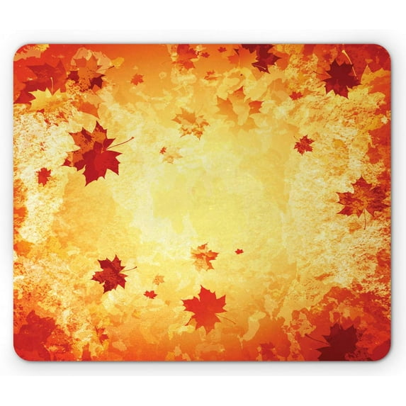 Fall Mouse Pad, Autumn Themed Abstract Grunge Composition with Maple Leaves Aged Effect, Rectangle Non-Slip Rubber Mousepad, Standard Size, Vermilion Orange Yellow