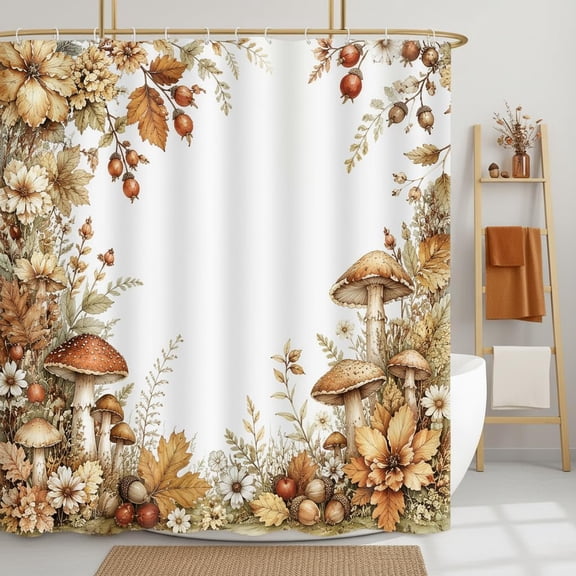 Fall Mushroom Acorn Floral Border White Shower Curtain