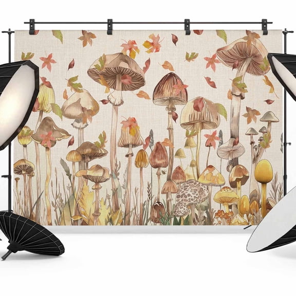 Fall Mushroom Backdrop for Photoshoot, Photography Photo Studio Background Wall Backdrop, Watercolor Maple Leaf Farmhouse Back Drop Banner Panel for Portraits Wedding Live Streaming Decor 12x8Ft