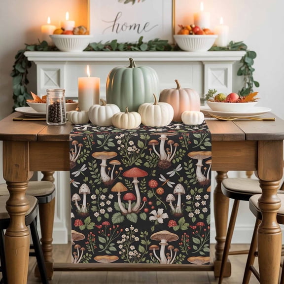 Fall Mushroom Cotton Linen Table Runner, Washable Table Runners for Kitchen, Dining Room, Holiday, Home Party Table Decor, 13x36 Inches