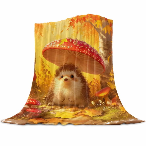 Fall Mushroom Flannel Blanket for Bed,Travel and Camping, Cute Hedgehog Maple Leaves Super Soft Cozy Blanket for All Seasons 40"x50"
