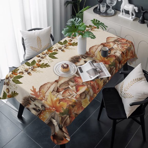 Fall Mushroom Hedgehog Table Cloth Waterproof Tablecloths, Thanksgiving Rustic Tablecloth Dining Table Cover for Kitchen Party Tabletop Outdoor, Rectangle Tablecloth 60x120 Inch