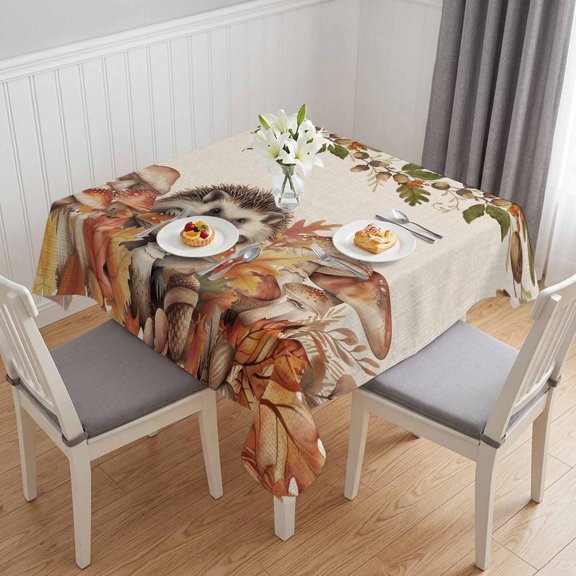 Fall Mushroom Hedgehog Table Cloth Waterproof Tablecloths, Thanksgiving Rustic Tablecloth Dining Table Cover for Kitchen Party Tabletop Outdoor, Square Tablecloth 54x54 Inch