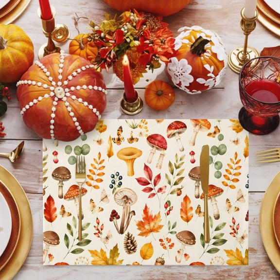 Fall Mushroom Placemats Set of 1, Thanksgiving Rustic Acorns Pinecones Ferns Leaf Non-Slip Place Mats Washable Table Mats for Kitchen Dining Table Decorations Indoor/Outdoor