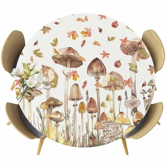 Fall Mushroom Round Tablecloth 36-44 Inch Round Fitted Table Cloth with Elastic Edge, Watercolor Maple Leaf Botanical Waterproof Table Cover Protector for Outdoor Picnic Party Dining