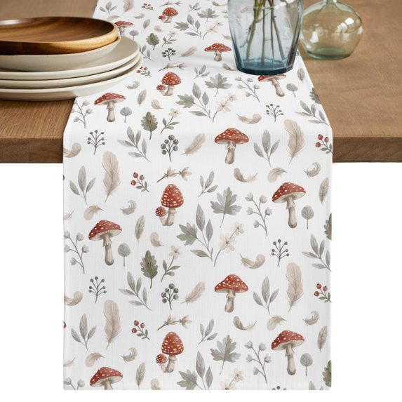 Fall Mushroom Short Table Runner 36 Inches Long, Dark Botanical Farmhouse Cotton Linen Table Runners Dresser Scarves, Fabric Tabletop Scarf Furniture Cover for Home Dinner Party Decor 13"x36"