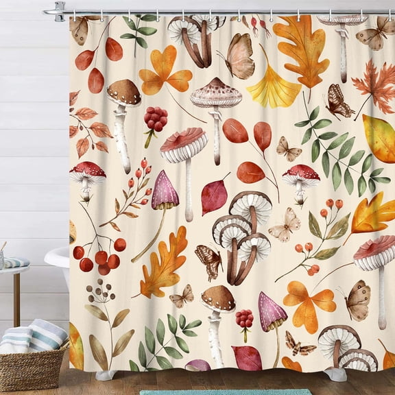 Fall Mushroom Shower Curtain, Beige Boho Retro Vintage Mushroom Botanical Wild Animal Nature Autumn Leaves Art Shower Curtains with Hooks, Fall Bathroom Curtain Decoration,70x70IN